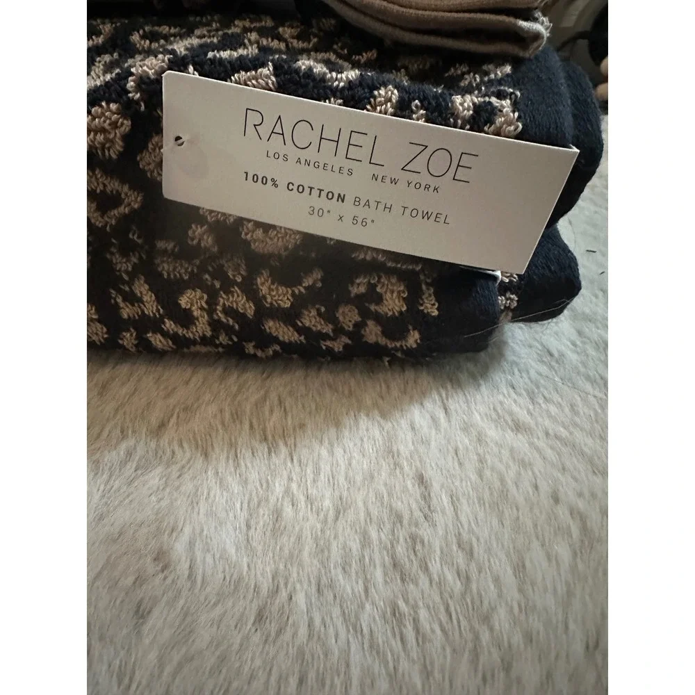 Rachel Zoe Leopard Print Towel Set 100% Cotton Black Tan Animal Print 8 Piece